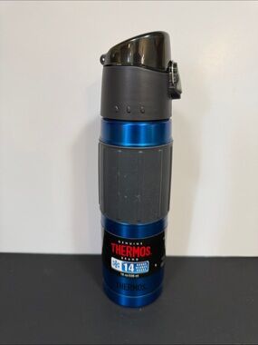 Thermos Blue and Gray Stainless Steel Travel Bottle with Flip Lid